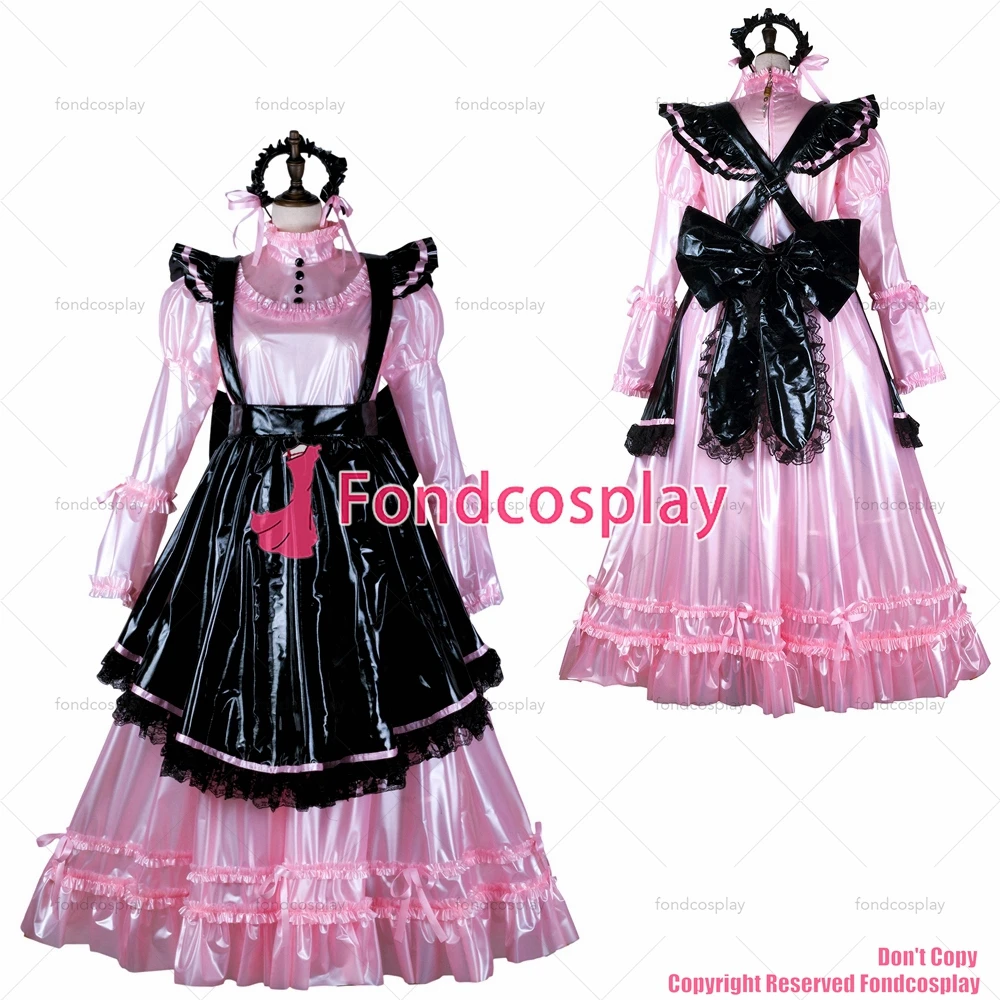 

fondcosplay adult sexy cross dressing sissy maid long pink clear pvc dress lockable Uniform black apron CD/TV[G2352]