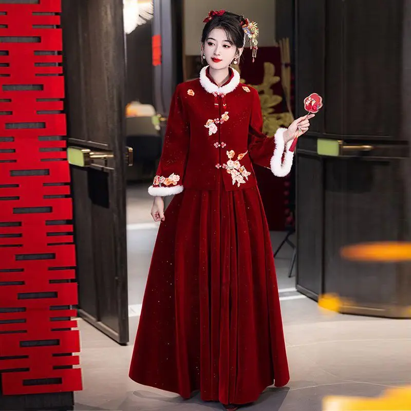 

Yourqipao Chinese Wedding Toast Dress Long-sleeved Engagement Evening Dress New Xiuhe Bridal Qipao Dress