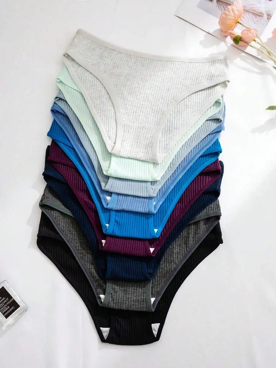 

9pcs Women Solid Color Ribbed Comfortable Briefs Underwear Set
