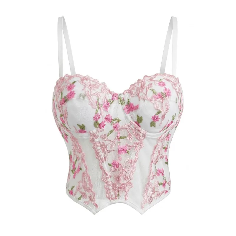 Women Floral Embroidery Lace Corset Top Thin Adjustable Strap Front Hook Boned Bustier Crop Top Party Club Shapewear