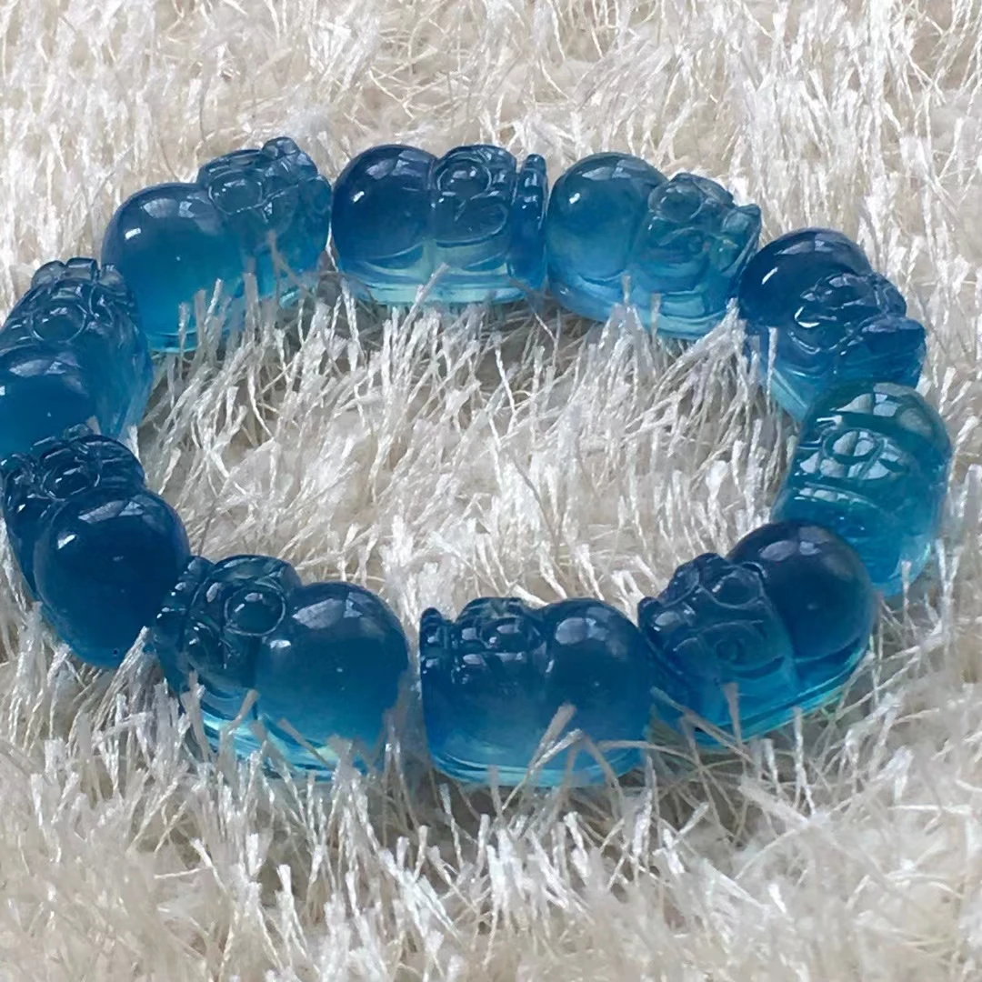 Natural Blue Aquamarine Pi Xiu Beads Bracelet Women Men 16*10*9mm Gift Fashion Brazil Deep Blue Aquamarine Jewelry AAAAA