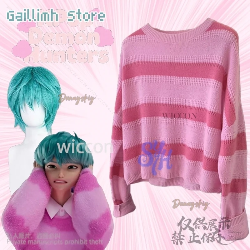 

Kpop Group Idol Anime Costume Demon Saja Boy Baby Cosplay Pink Stripe Uniform Lovely Kawaii Jirai Kei Suit Wigs Halloween Party