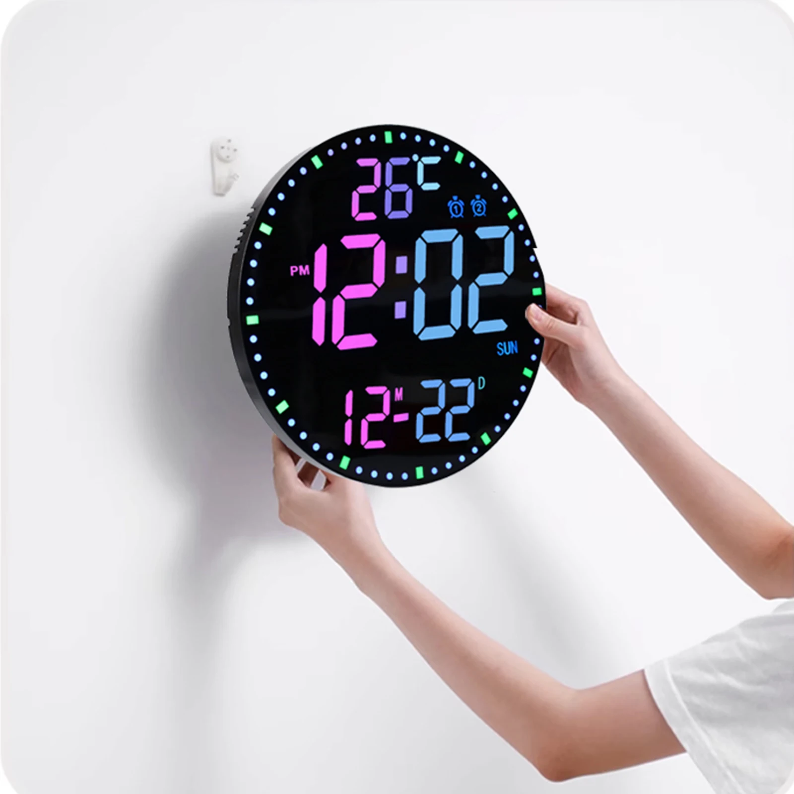 RGB LED Display Wall Clock 11 inch Large Time Calendar Temperature Alarm Clock for Heavy Sleeper With Remote Control for Home