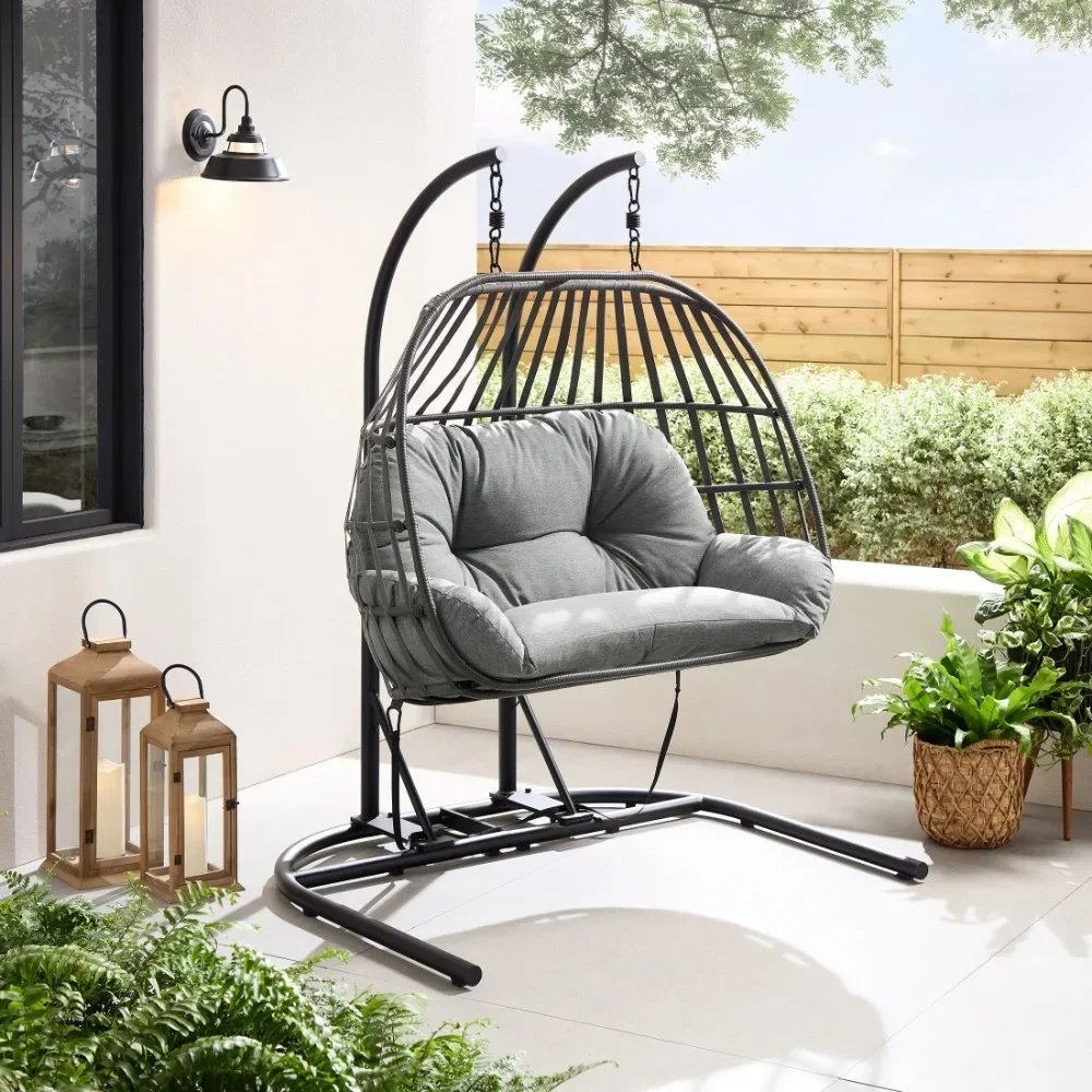 2024 New  Outdoor Patio Double Hanging Egg Chair with Gray Olefin Cushion, and Black Metal Stand