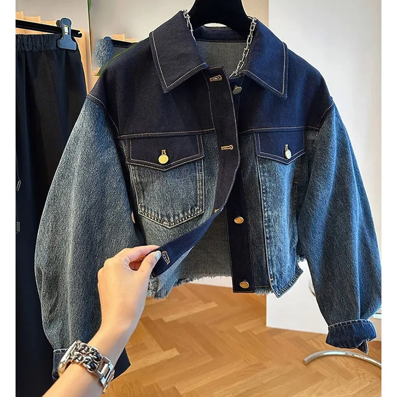 Spring Autumn Ladies Short Long Sleeves Cowboy Coat Female Loose Fitting Gradient Color Denim Jacket Women Fashion Jeans Outwear