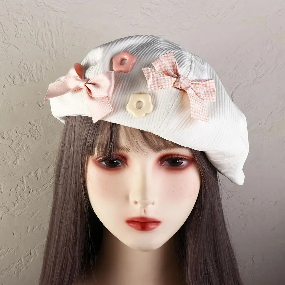 لطيف بلون القوس زهرة القبعات Y2k كلية نمط قبعة مثمنة القطن اليقطين قبعة الرسام قبعة الشتاء #3