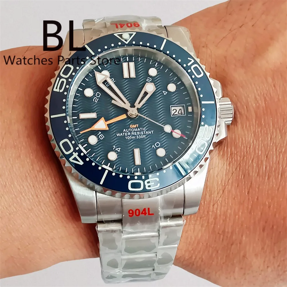 BLIGER 40mm Nh34A Watch For Men 24 Hours Ceramic Bezel Green Luminous Black Blue White Dial Orange GMT AR Coating Sapphire Glass