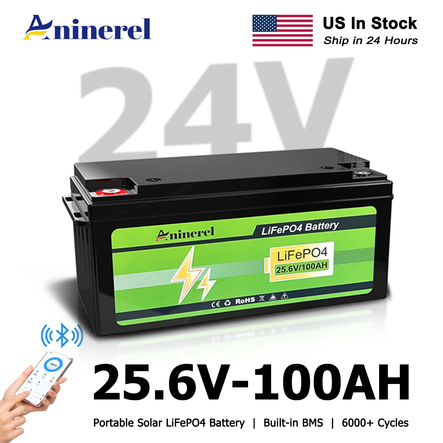 Aninerel 25.6V-100AH LiFePO4 Battery Portable Solar Storage Lithium Battery IP65 Waterproof Grade A Cells Built-in BMS 6000+ Cycles US In Stock