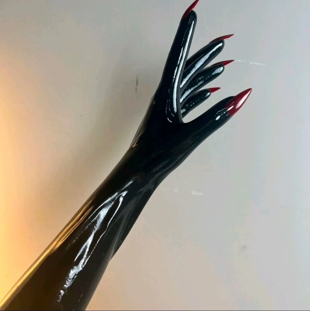 Crossdress Male To Female Oil Shiny black Super Thin Latex Zentai Long Red Flat Nails Fetish Sheer Cosplay Kigurumi Gloves