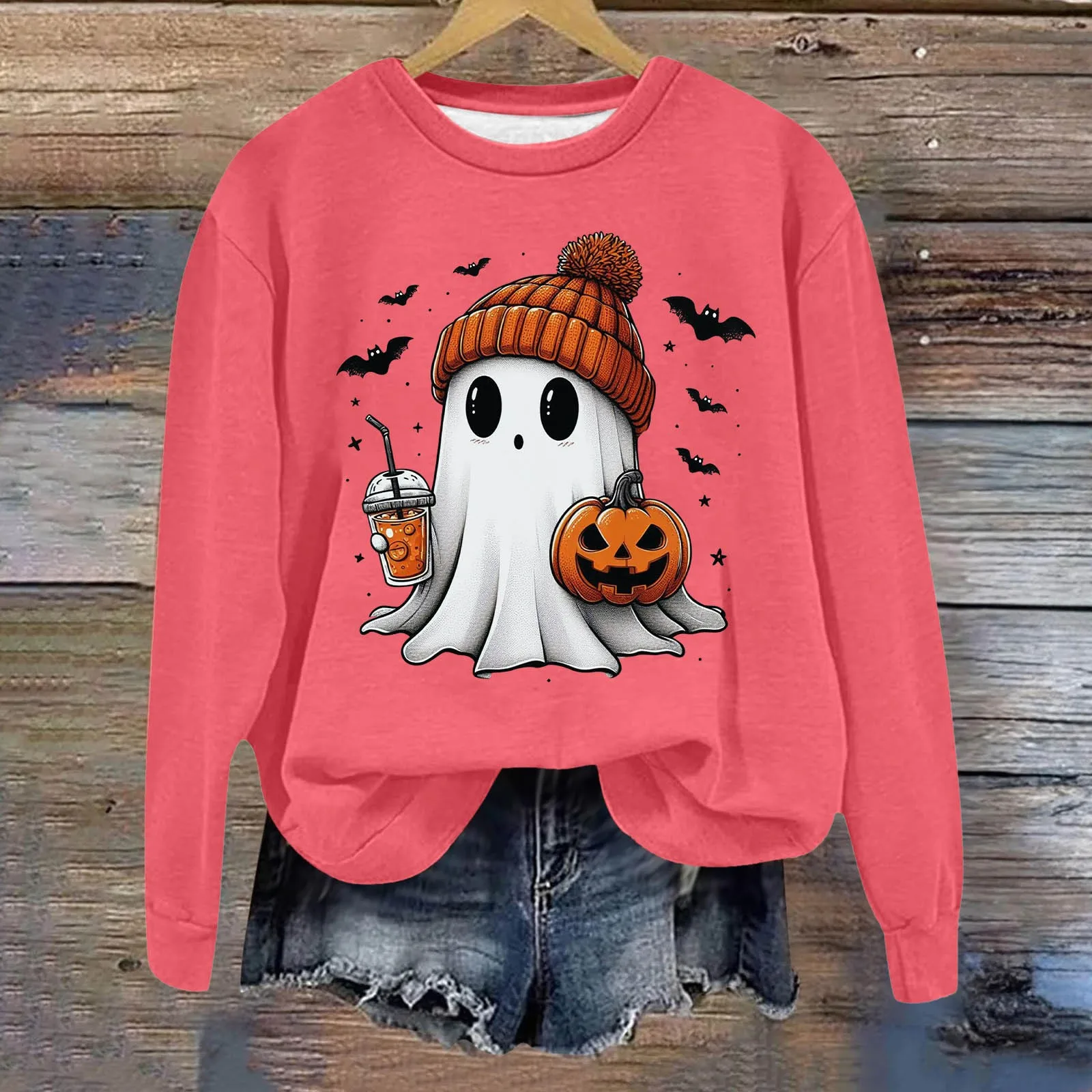 Sudadera de manga larga con estampado de calabaza fantasma de dibujos animados para Halloween, sudadera sin capucha de cuello redondo, sudaderas con capucha minimalistas sueltas Y2k