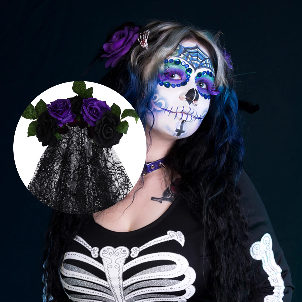 

Skull Hairb Red Flowers Long Veil for Halloween Party Headdress Black Plastic Child Headwear Ideal Costume Carnivals Christmas