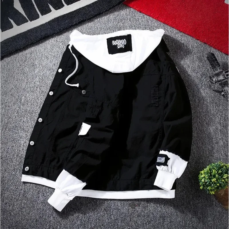 Custom jacket men's self-cultivation Street windbreaker lapel hoodie autumn wash coat hole beggar outfit hip-hop bomber jacket