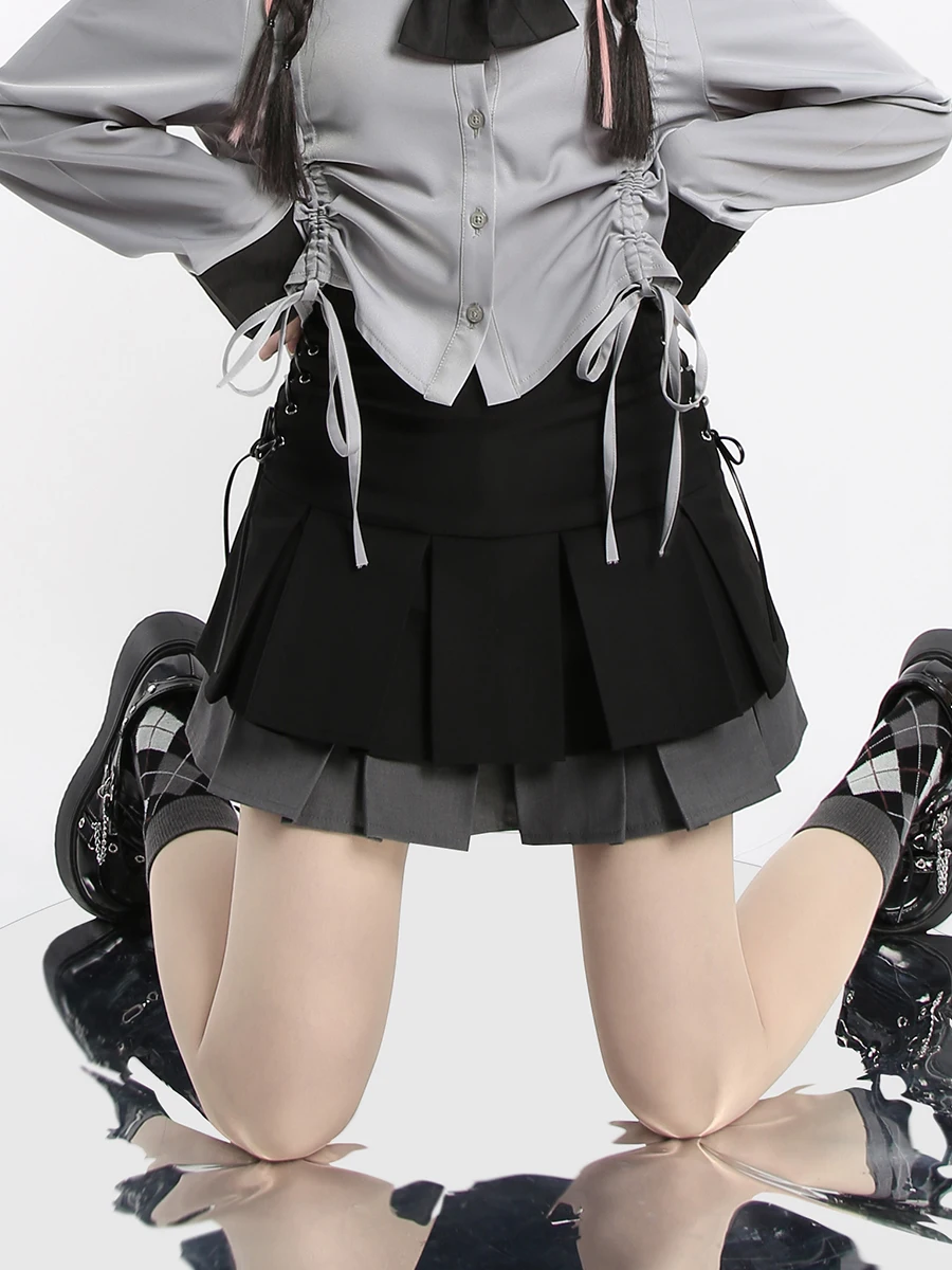 오리지널 캣 위시 더블 레이어드 비대칭 하프 스커트 벨트 포함 펑크 스트릿 스타일 하이웨이스트 A라인 숏 스커트 (여성용)