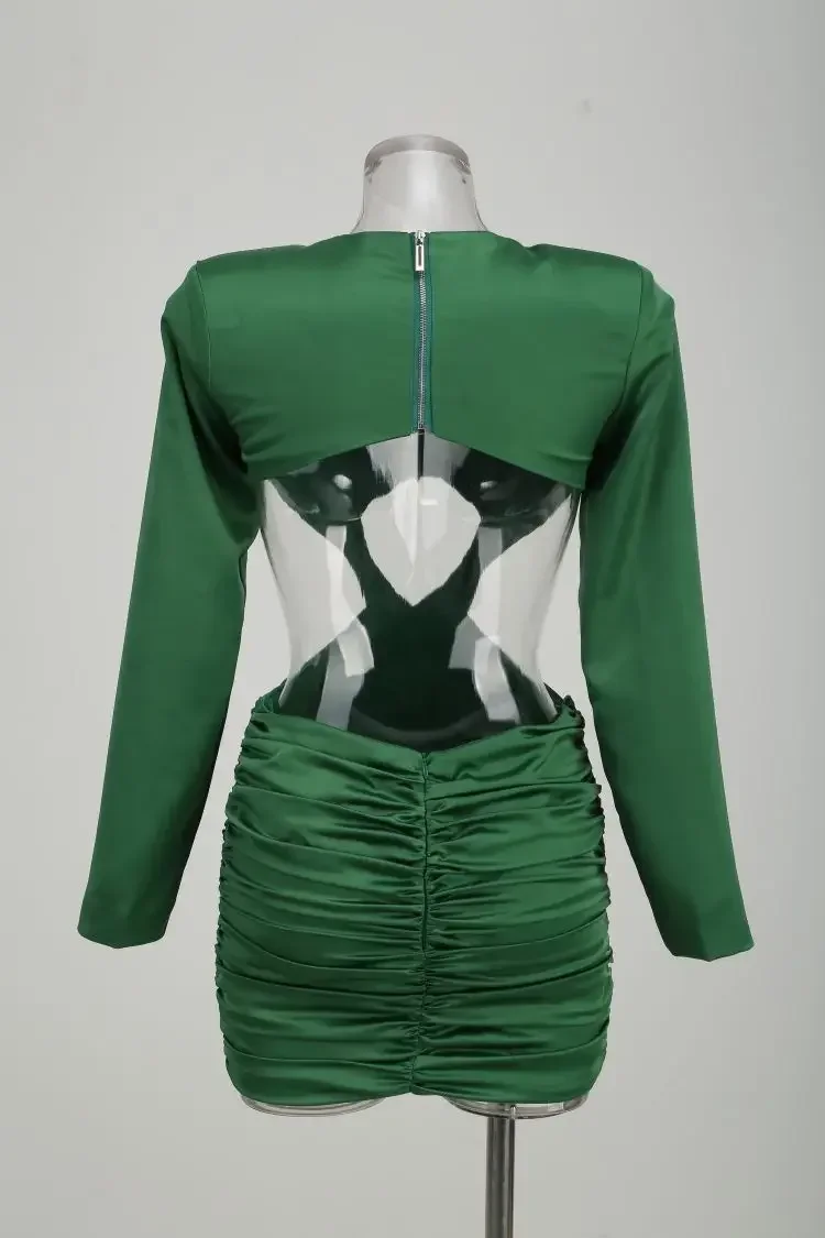 Vestido de noite plissado sem encosto feminino oco, mini vestido sexy de baile, verde, roupa luxuosa de mulher, moda verão, 2022