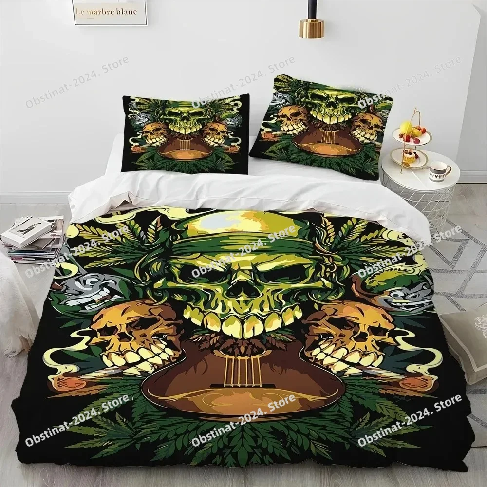 

Maple Weed Plant Green Death Skull Smoke Bedding Set Duvet Cover Bed Set Quilt Cover Pillowcase Comforter king Queen Size