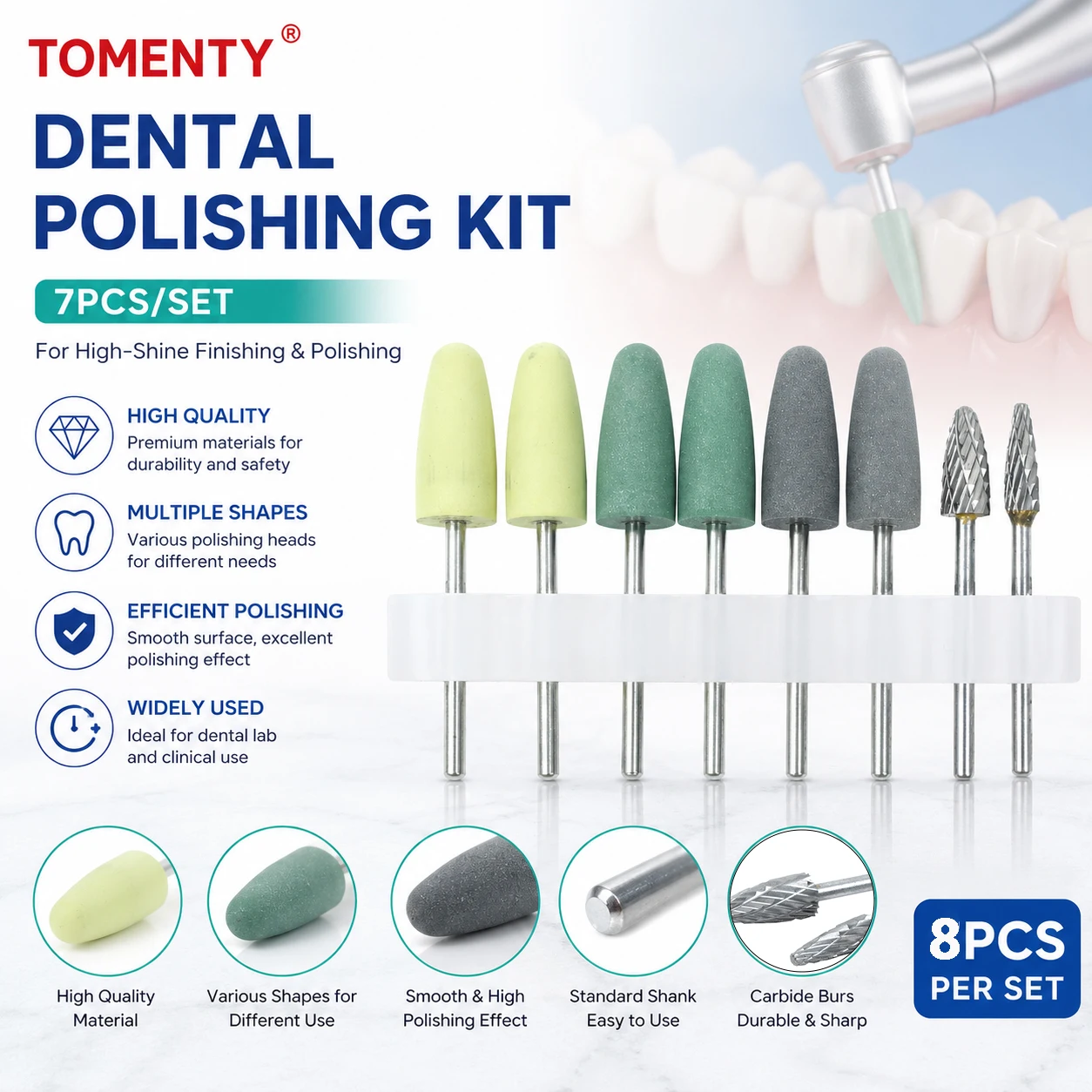 8Pcs/Set Dental Acrylic Polishing Burs Kit 2.35mm Tungsten Steel Silicone Heads for Resin Base Lab Tools Denture Grinding Head