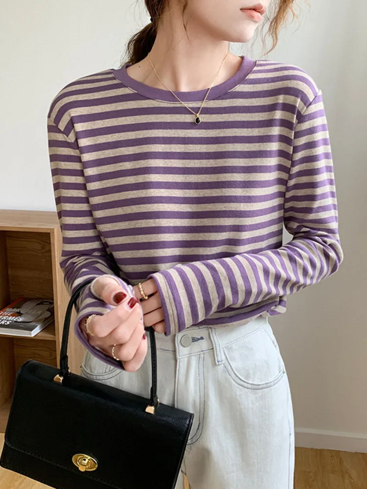 

2022 Autumn Purple Stripe T-shirt Women Cotton Round Neck Basic Top Fashion Long Sleeve Loose Female Vintage Tshirt