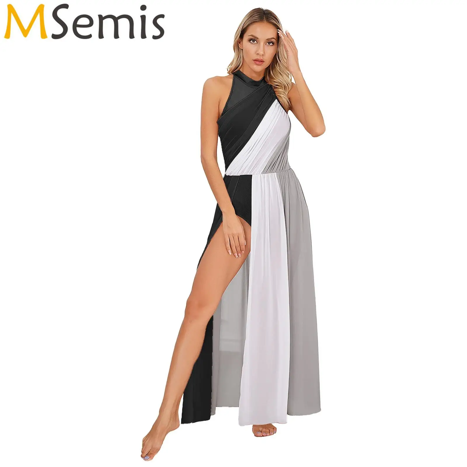 

Women Modern Lyrical Dance Dress Ballet Gymnastics Artistic Skating Performance Dancewear Sheer Mesh Split Leotard Maxi Dresses