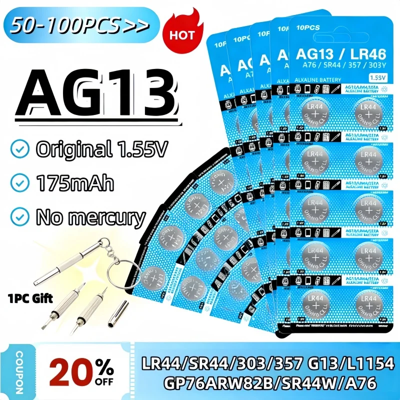 

50-100PCS AG13 LR44 Battery 1.5V Alkaline Long Lasting Power for Glucose Meter Car Remote Toys L1154 SR44 RW82 357 Cells