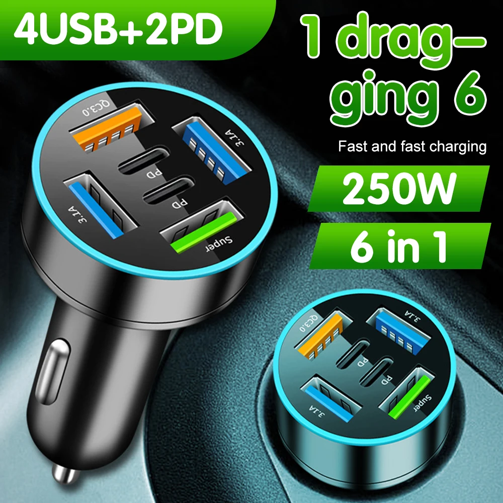 250W 6 Ports PD Car Charger Fast Charging PD QC3.0 USB C Car Phone Charger Type C Adapter in Car for iPhone Samsung Xiaomi