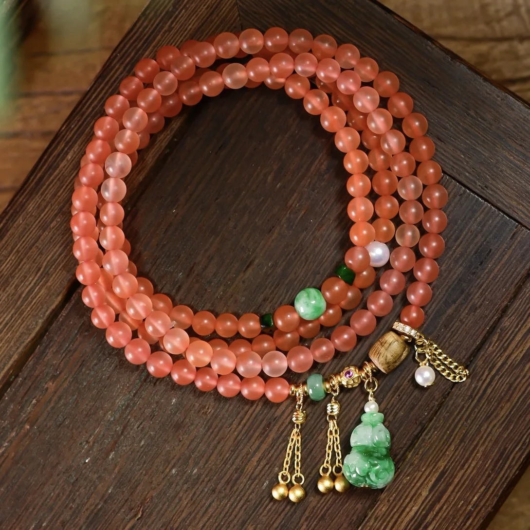 Natural Red Agate Multi‑Loop Bracelet, A‑Grade Carved Jadeite Gourd Pendant, S925 Silver‑plated Gold, Chinese‑Style Jewelry