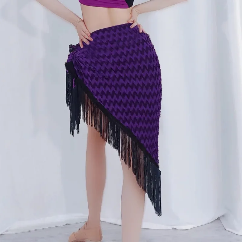 Customized Belly Dance Costumes Practice Outfit Black Purple Color Blocked Top Practicing Modal Wavy Triangle Tassel Hip Scarf