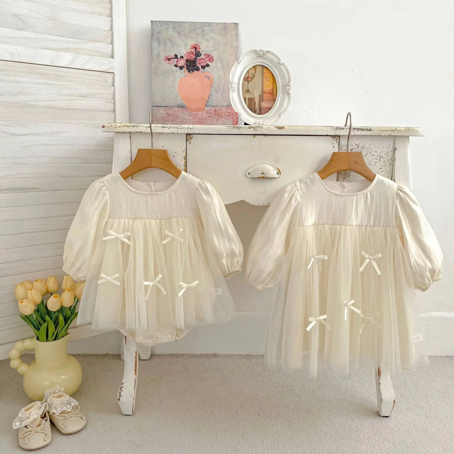2026 Spring New Girls Long Sleeve Princess Dress Cotton Baby Girl Cute Sweet Bow Mesh Dress Children Sisters Clothes