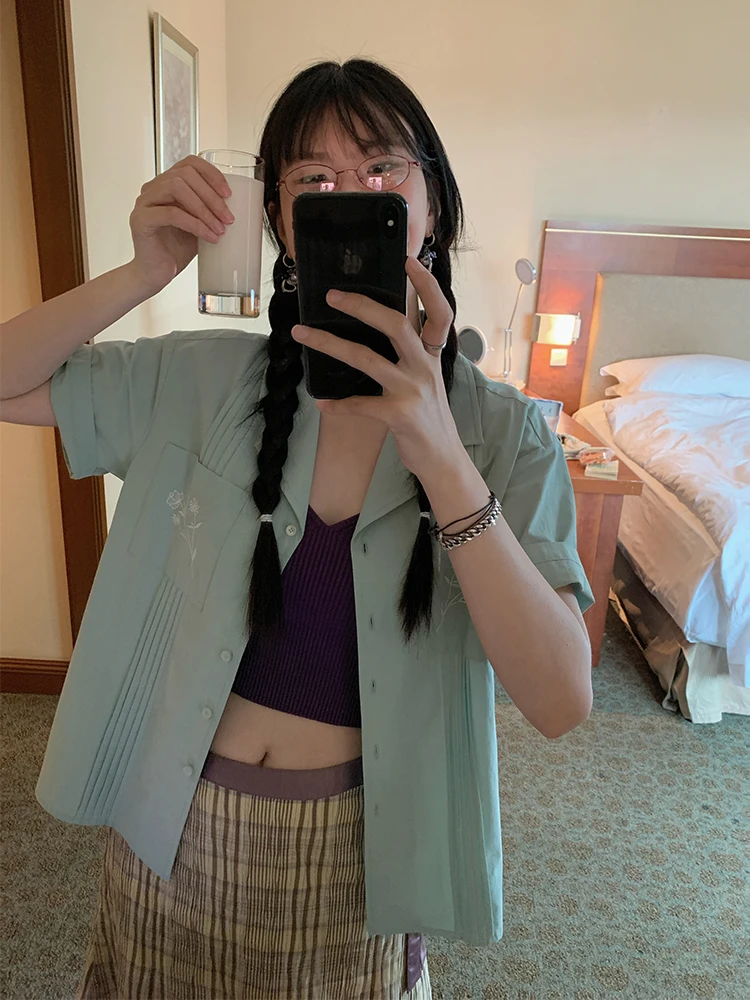 

MOWENTI Blue Commuter ort Sve Embroidered Loose Women's irt Summer 2025 French Sle Button down Ne Regular Fit