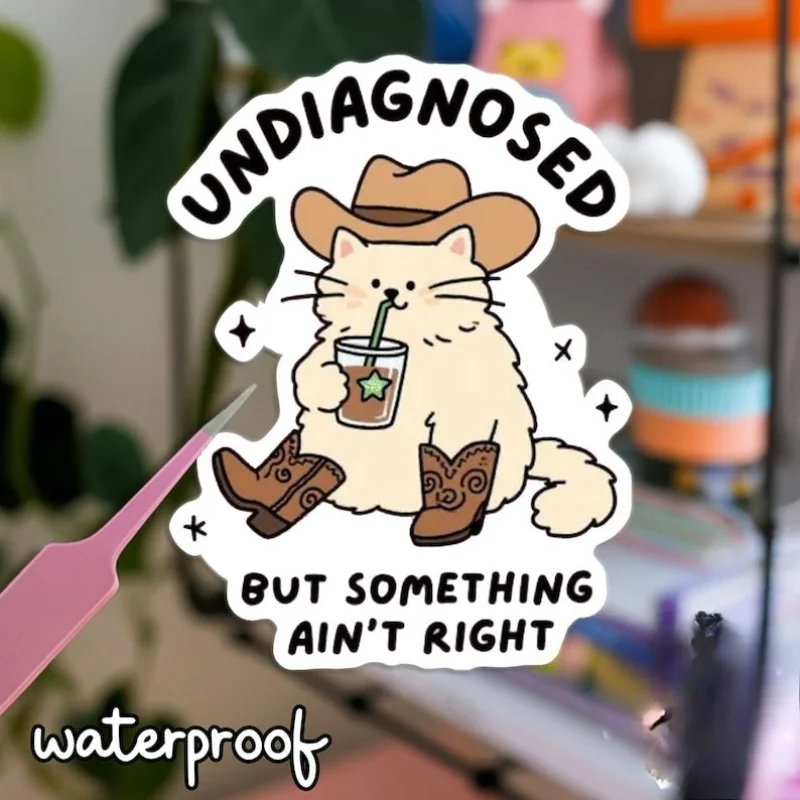 Cowboy Cat Stickers | Undiagnosed but Feels Wrong, Fun Western Emoji, Vinyl, Self-Adhesive, Single Use