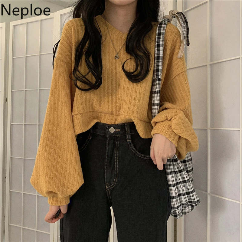 Neploe V Neck Lantern Long Sleeve Knit Pullover Sweater Women Retro Loose Crazy Style Short Mutlicolor Pull Femme Autumn 48271