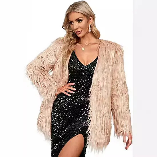 Abrigo de piel Artificial con flecos para mujer, abrigo de piel de visón de longitud media de felpa con cuello en V para mujer, chaqueta de piel ecológica de pelo largo detallado para mujer