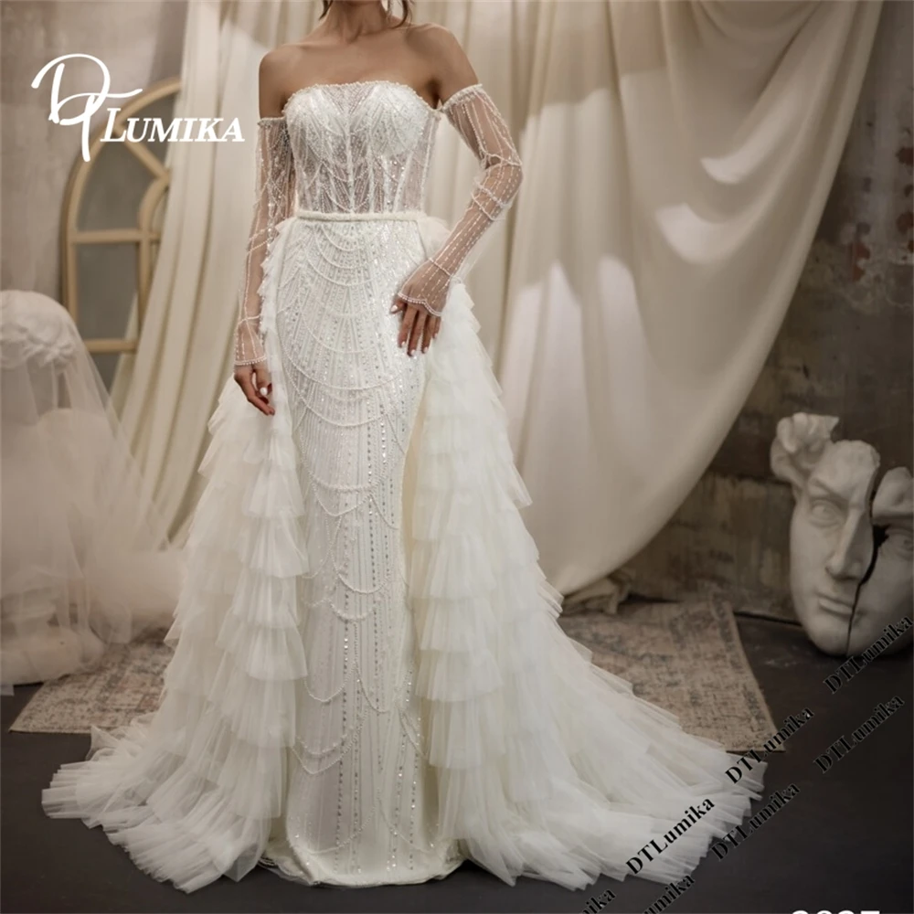 

DTLumika Long Wedding Dress Off Shoulder Full Sleeved Mermaid Bride Dress Tiered Detachable Train Illusion Corset Bridal Gown