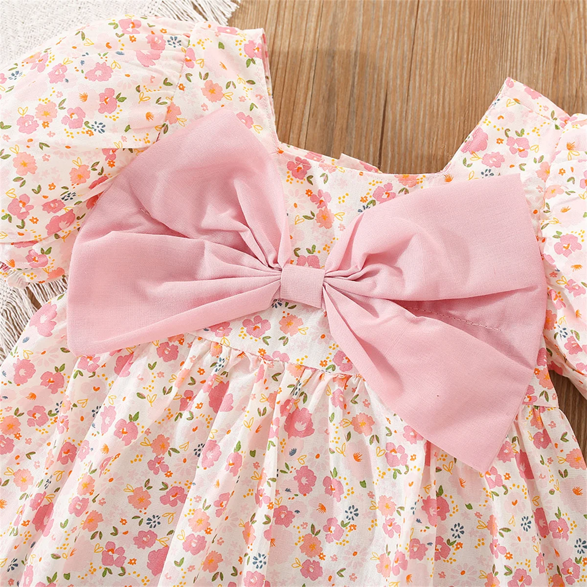 Small Fragmented Pink Big Bow Infant Dress New Summer Girls Baby Bubble Sleeve Dress Sweet Girl Children\'S Clothing