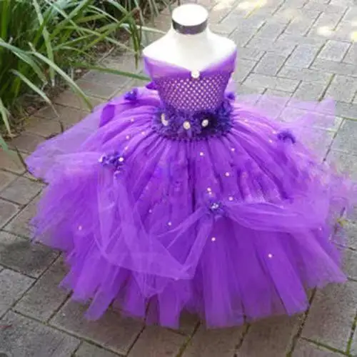 Beautiful Girls purple Princess Dress Kids Crochet Tail Tutu Dress Ball Gown with Flower Headband Children Wedding Party Dresses