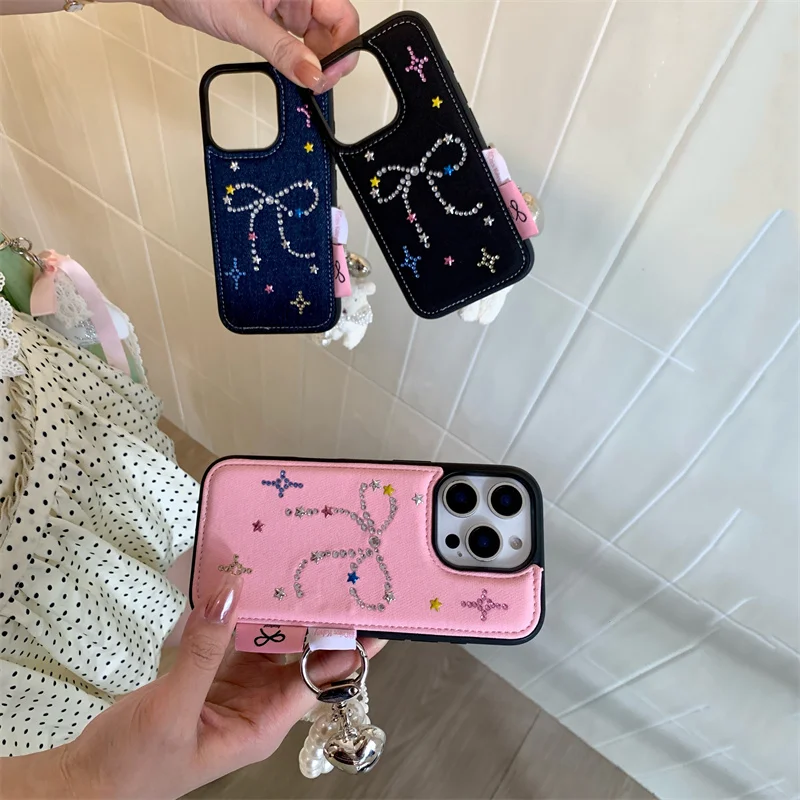 Korean Cute Diamond Bow Denim Phone Case For iPhone 16 Pro 14 13 15 Pro Max Cover with Plus Rabbit Keychain Cases 16 Promax Capa