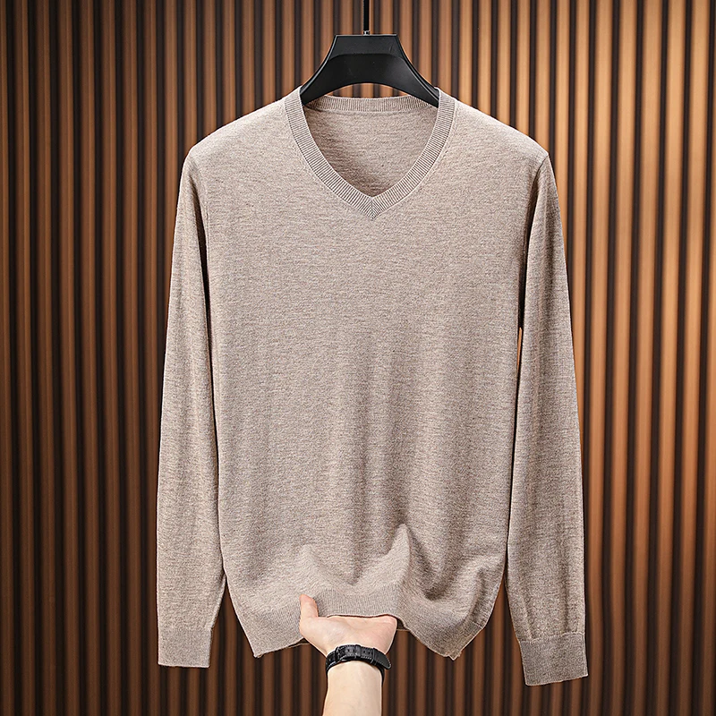メンズ羊毛混紡ベーシックTシャツ 2025年秋 カジュアルVネック薄手ニットTシャツ 長袖男性用ウール混紡セータープルオーバートップス