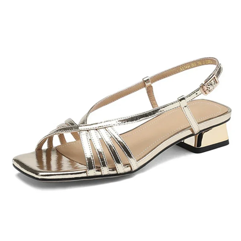 Gold Silver Cross Strap Gladiator Sandals Women Fashion Back Strappy Low Heel Sandles Woman Summer Buckle Square Toe Party Shoes