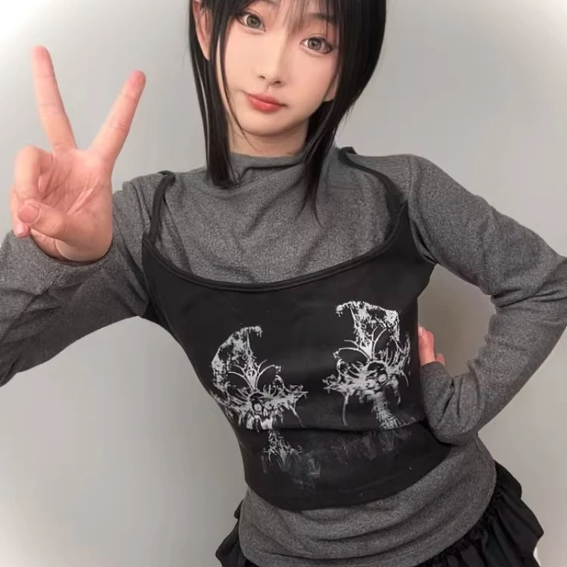 Original Design Subculture Fake Two-Piece Women's Bottoming Shirt 2026 Spring Sweet Cool Versatile Long Sleeve T-Shirt Ladies