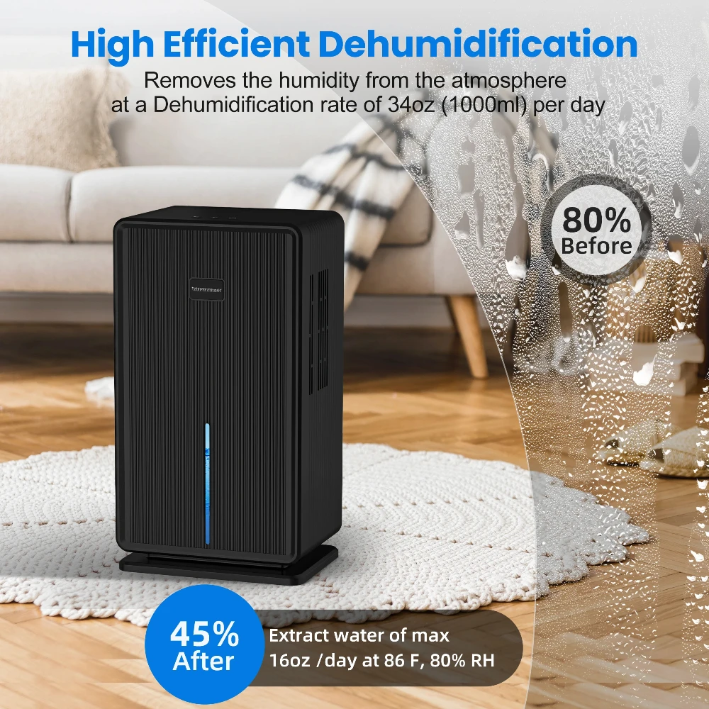 Home Dehumidifier, 750 sq. ft. bathroom dehumidifier, 100 oz dehumidifier, 7 colors night light, auto shut off, sleep mode