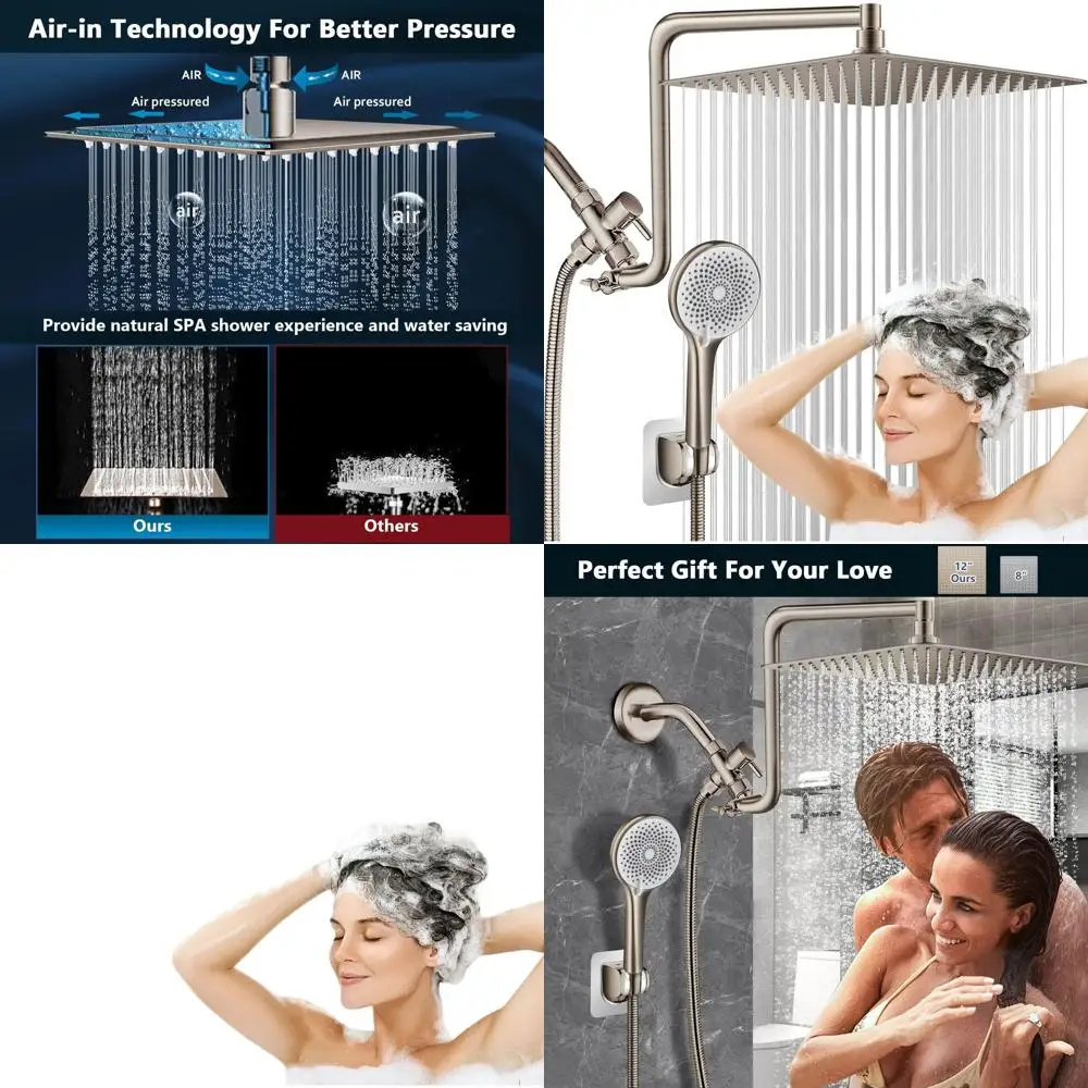 12 Curved Arm Shower Combo with 4-Setting Handheld Sprayer, 60 Hose, Brushed Nickel Finish