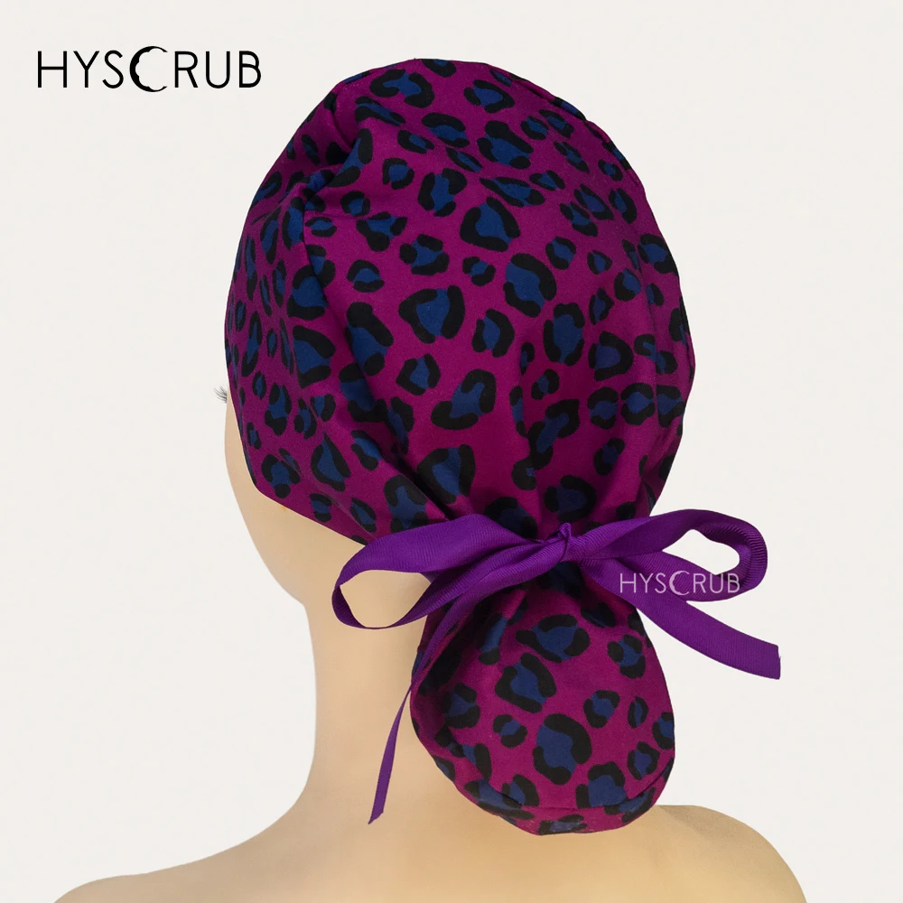 Boné cirúrgico de cabelo longo com estampa de leopardo vermelho feminino médico enfermeira cabeça boné esfrega para rabo de cavalo médico esfrega chapéu