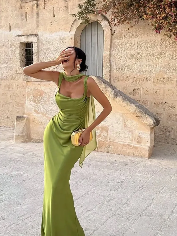 Sexy Lady Solid Ribbon Evening Dress Fashion Sleeveless Square Collar Lace Up Backless Slim Maxi Dresses Summer Dinner Party New