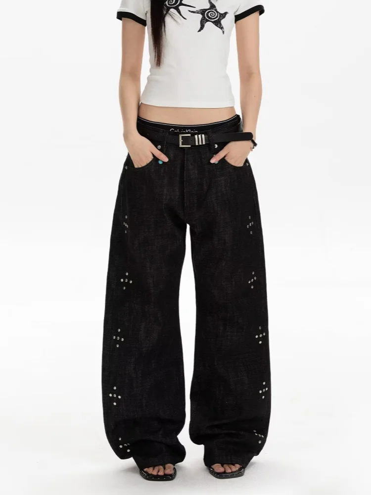 2026 Cyber Y2K Streetwear Rivet Design Black Baggy Women's Stacked Jeans Pants For Woman Clothing Straight Loose Long Trousers