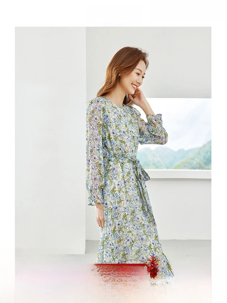 

Floral Print Long Sve Dr Women's Autumn Faion Slimming Base Layer Skirt Gentle Sle Midi Dr round Ne A-Line Skirt