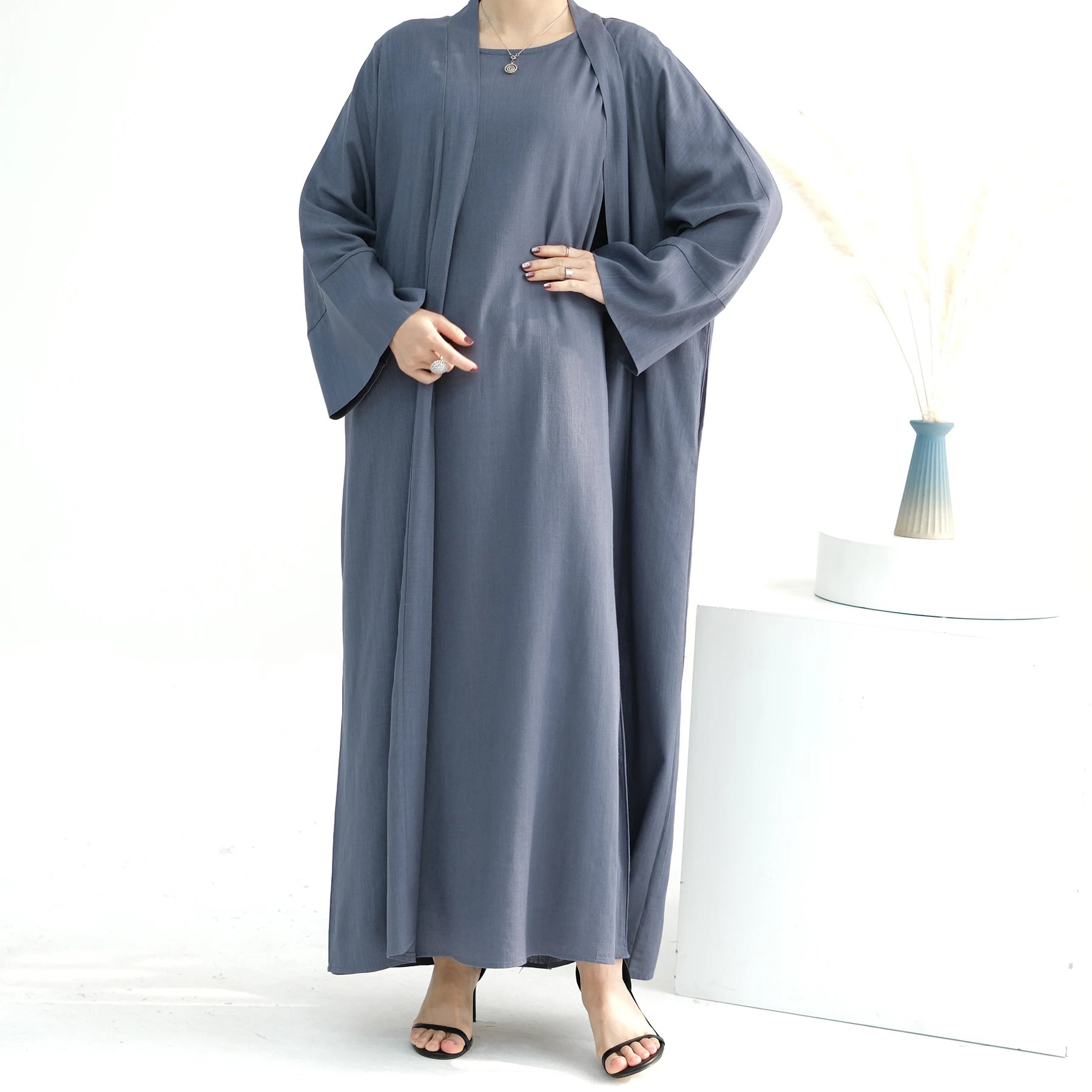 Saudi solide offene abaya elegante eid muslimische bescheidene Mantel für Frauen Islam Truthahn Kleid Baumwolle Leinen Langarm Kleidung Ramadan