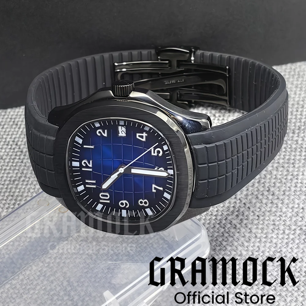 Gramock 40mm cuadrado reloj de acero inoxidable estilo rejilla cristal de zafiro NH35 movimiento automático correa de goma verde Lume