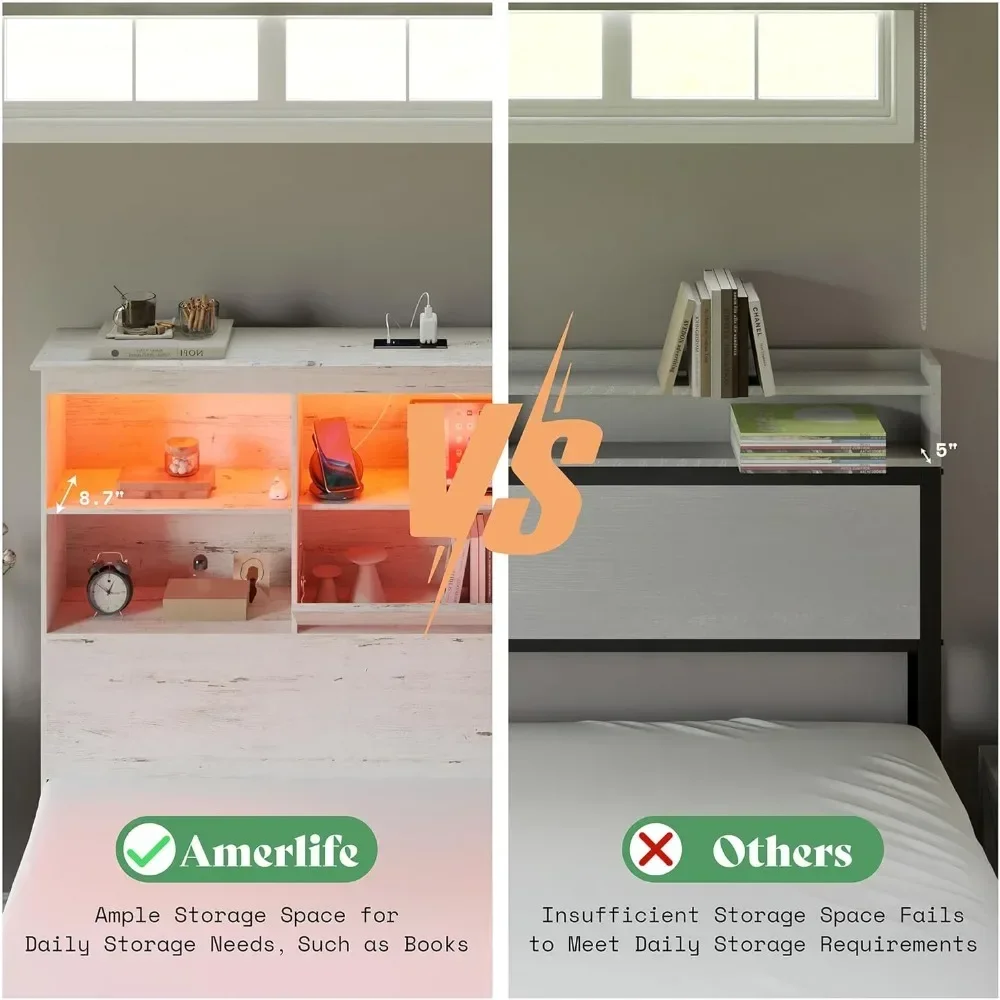 Lit plateforme en bois pleine grandeur avec bibliothèque de rangement à LED, planche de sauna, 4 portes de rangement et station de charge