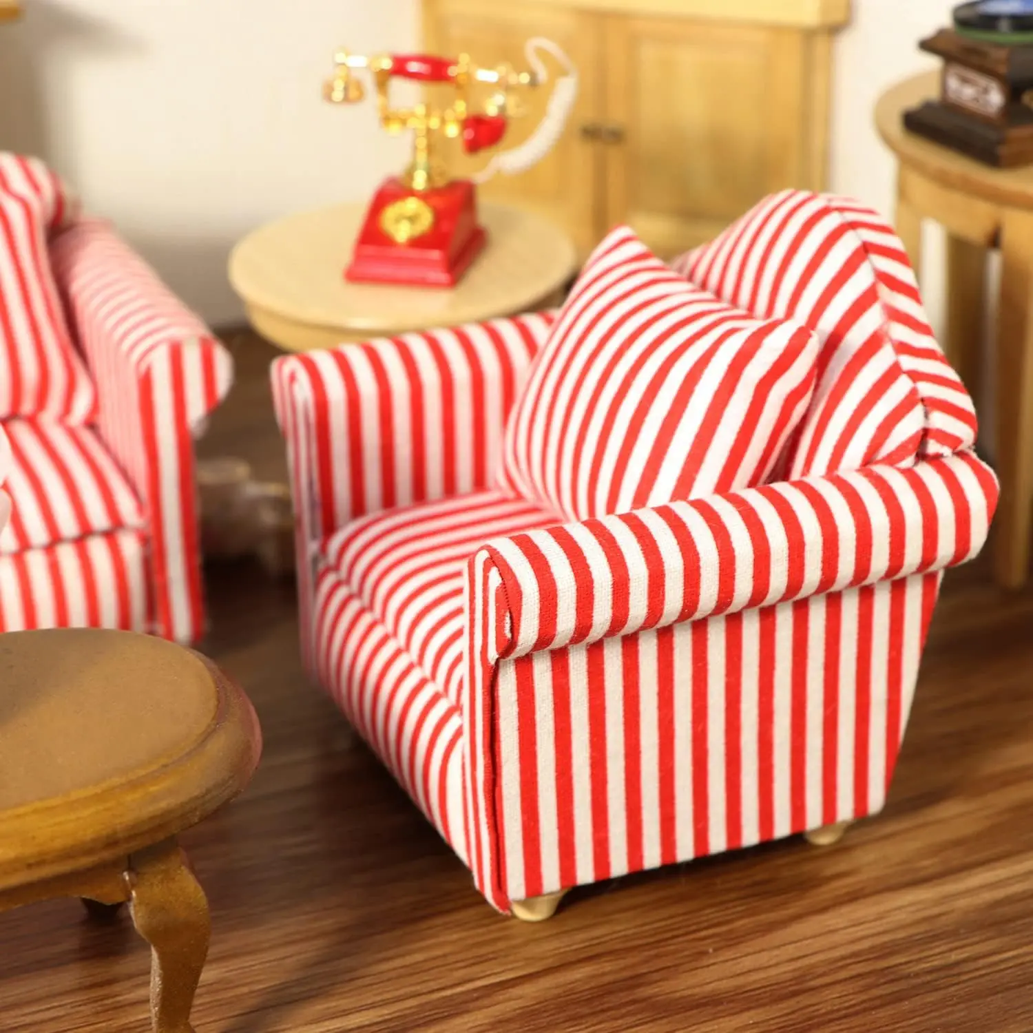 Sillón Miniatura para Sala de Estar, Mueble de Madera con Tapicería de Tela, Silla Individual, Decoración para Casa de Muñecas (Rayas)