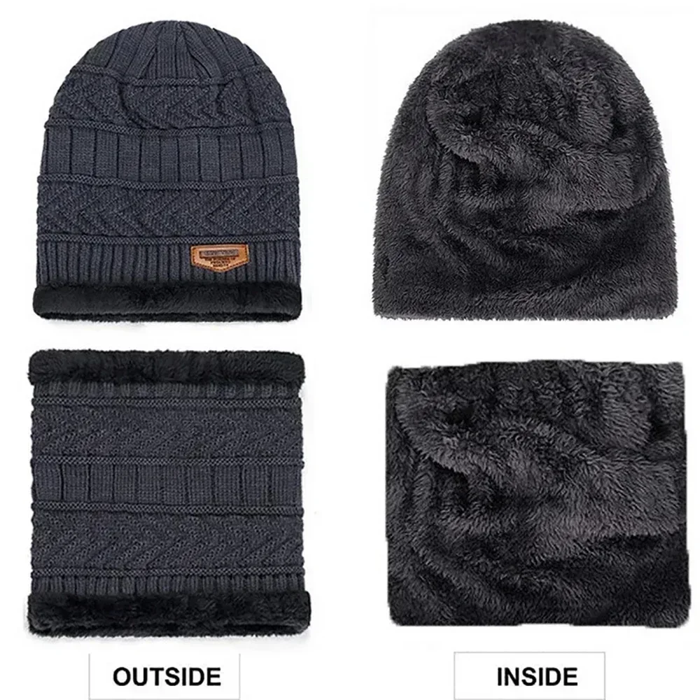2 Pcs Winter Beanie and Scarf Set Men Women Fleece Lined Knit Hat Neck Warmer Warm Thick Windproof Hat Scarf Set Skiing Cycling