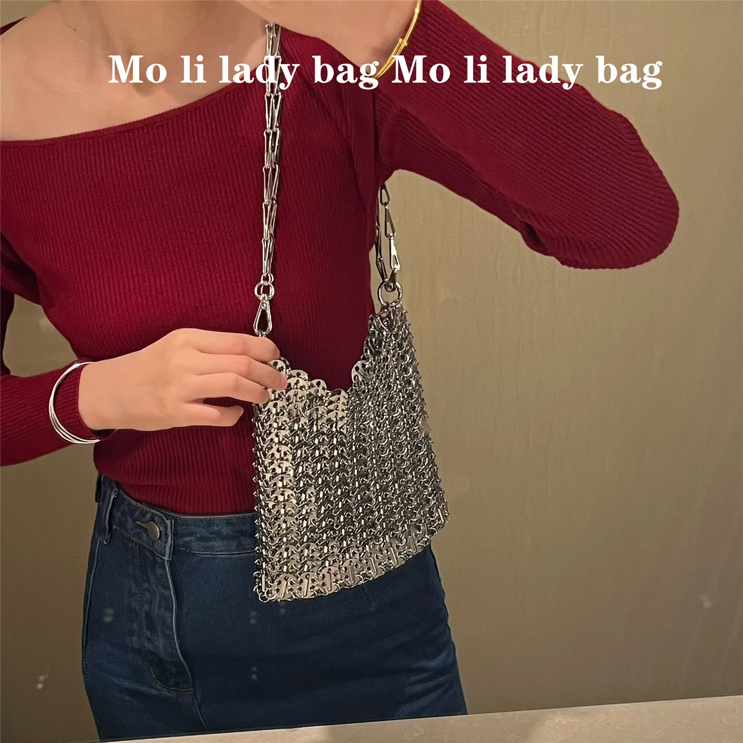 Luxury Metallic Sequined Shoulder Bag Handmade Ring Woven Bags for Women Designer Handbags Hollow Iron Sheet Crossbody Bags New